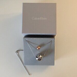 NWT CALVIN KLEIN Double Stands Two Balls Silver & Rose Gold Stainless Necklace